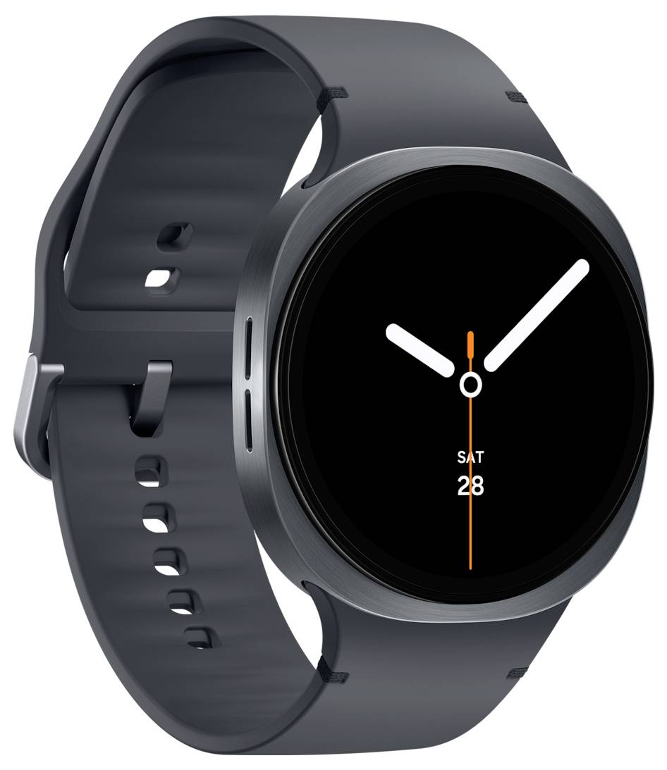 Un elegante smartwatch moderno con un cinturino scuro mostra un quadrante in stile analogico che riporta la data: Sabato 28.