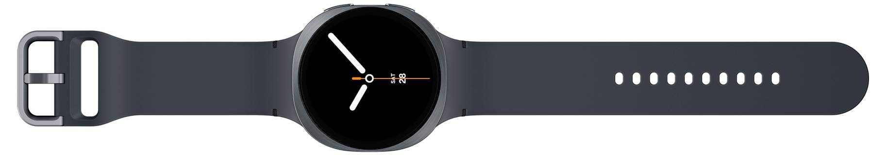 Un orologio intelligente nero con quadrante rotondo che mostra l'ora 10:10. L'orologio ha un cinturino nero con più fori di regolazione.