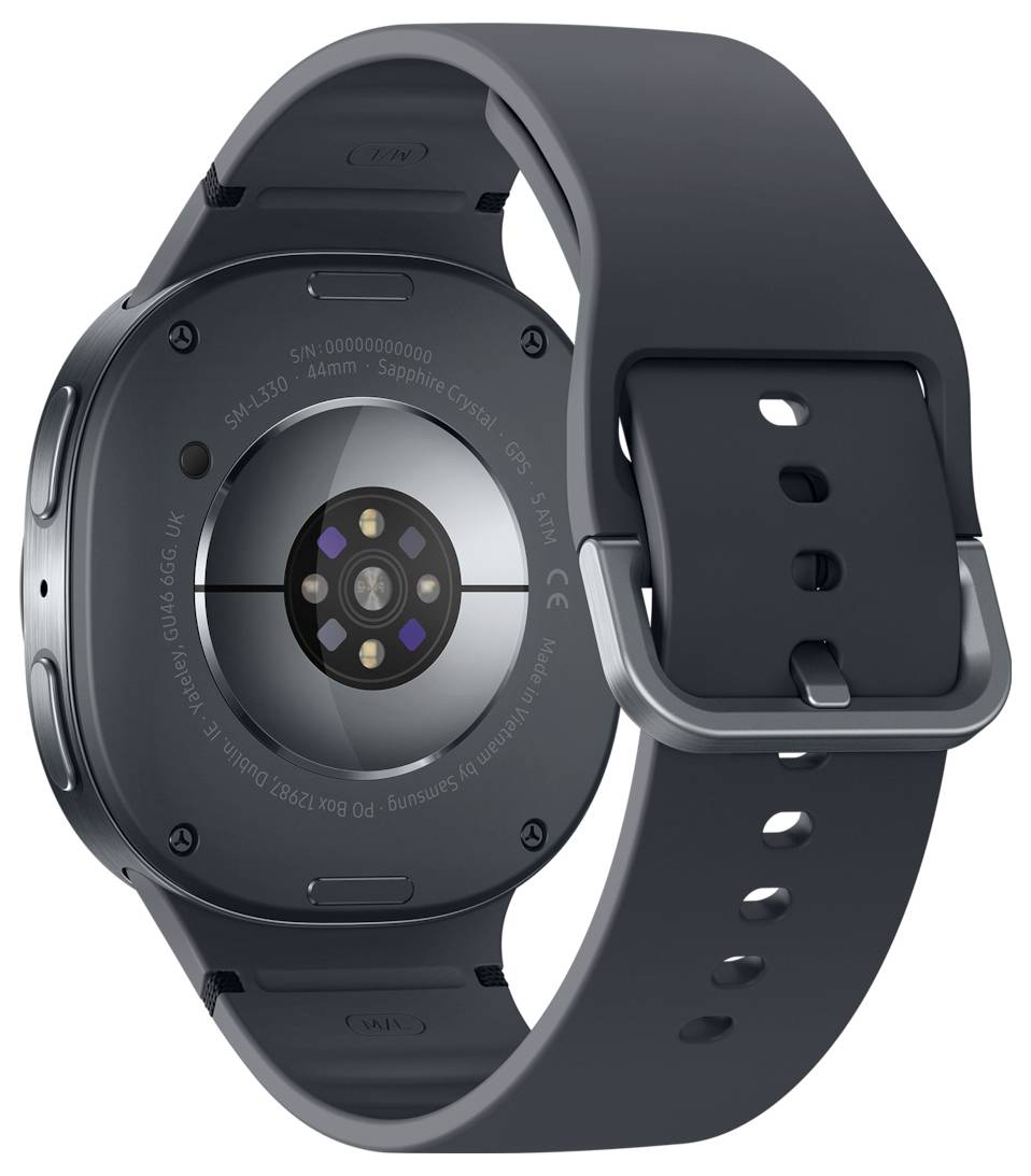 Un orologio da polso scuro con un quadrante rotondo nero, dotato di un sensore per la frequenza cardiaca sul retro e con cinturino intercambiabile per il monitoraggio dei parametri di salute.