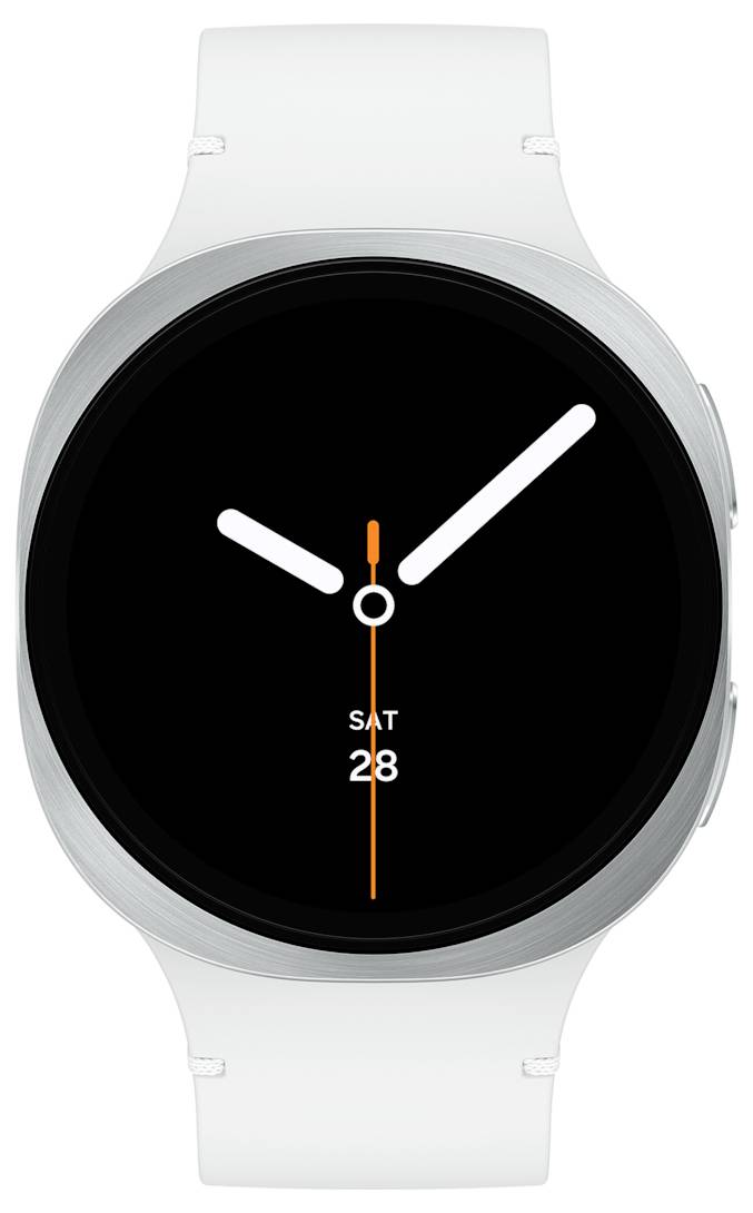 Un orologio intelligente che mostra l'ora con lancette bianche su un quadrante nero, data visualizzata come 'SAT 28', con cinturino bianco.