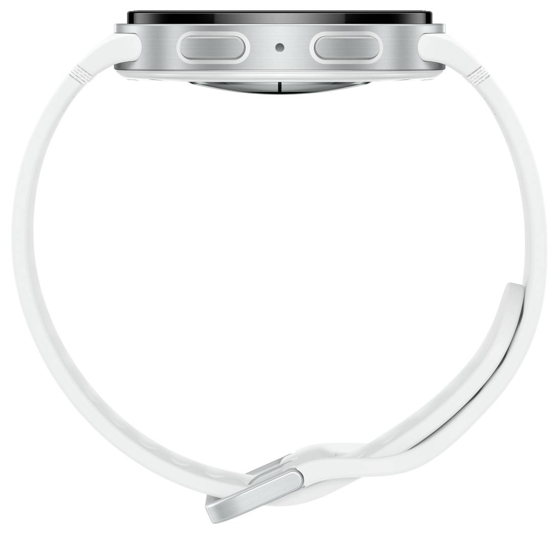Un orologio intelligente bianco con vista laterale, che mostra due pulsanti sul lato destro e un design minimalista.