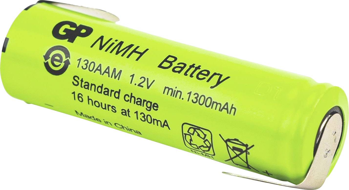 Batteria ricaricabile NiMH verde AA, 1,2V, 1300mAh. Le etichette indicano una carica standard di 16 ore a 130mA. Fabbricata in Cina.