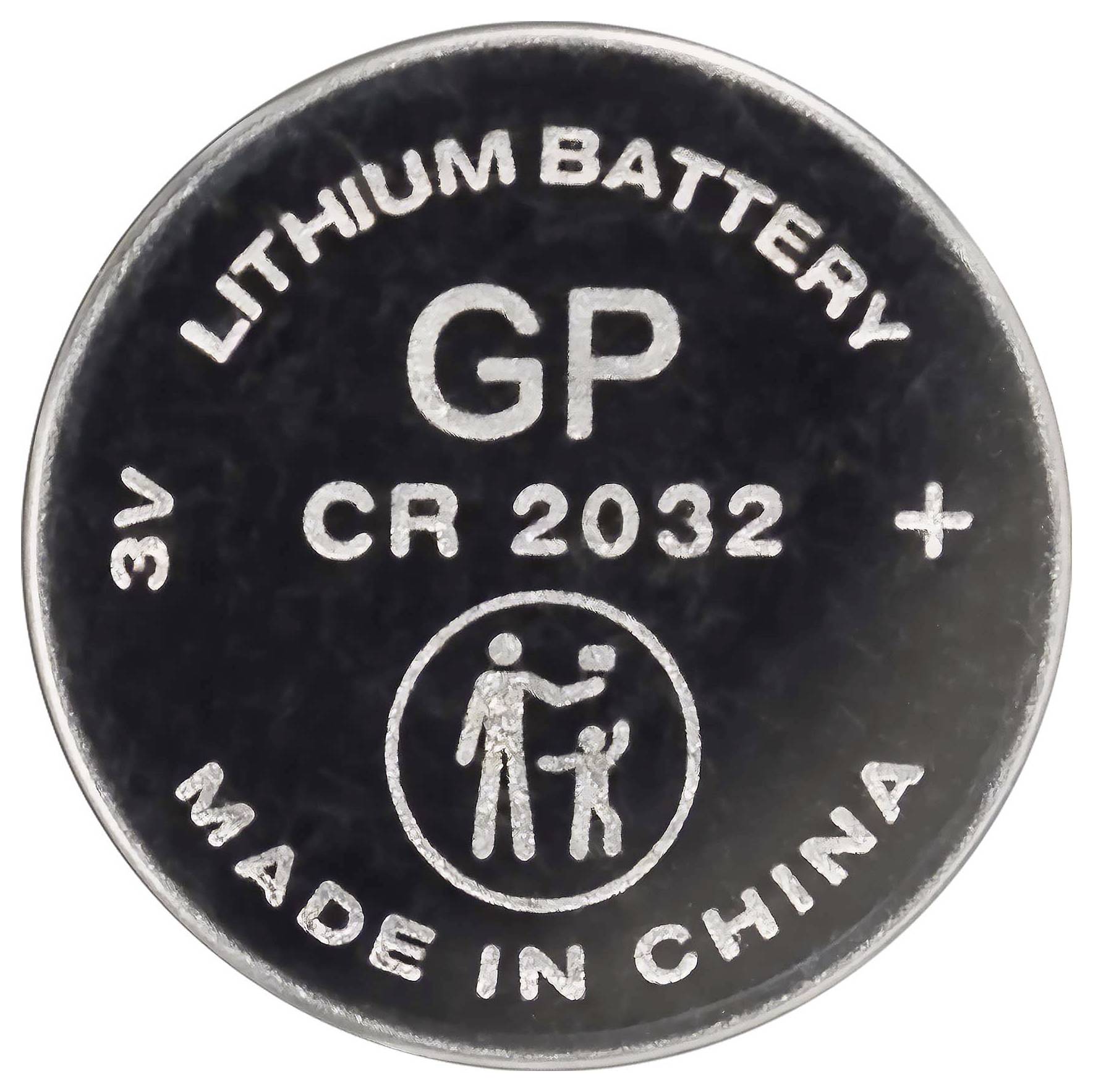 Batteria al litio GP CR2032 3V con indicazione del lato positivo e negativo; prodotta in Cina.