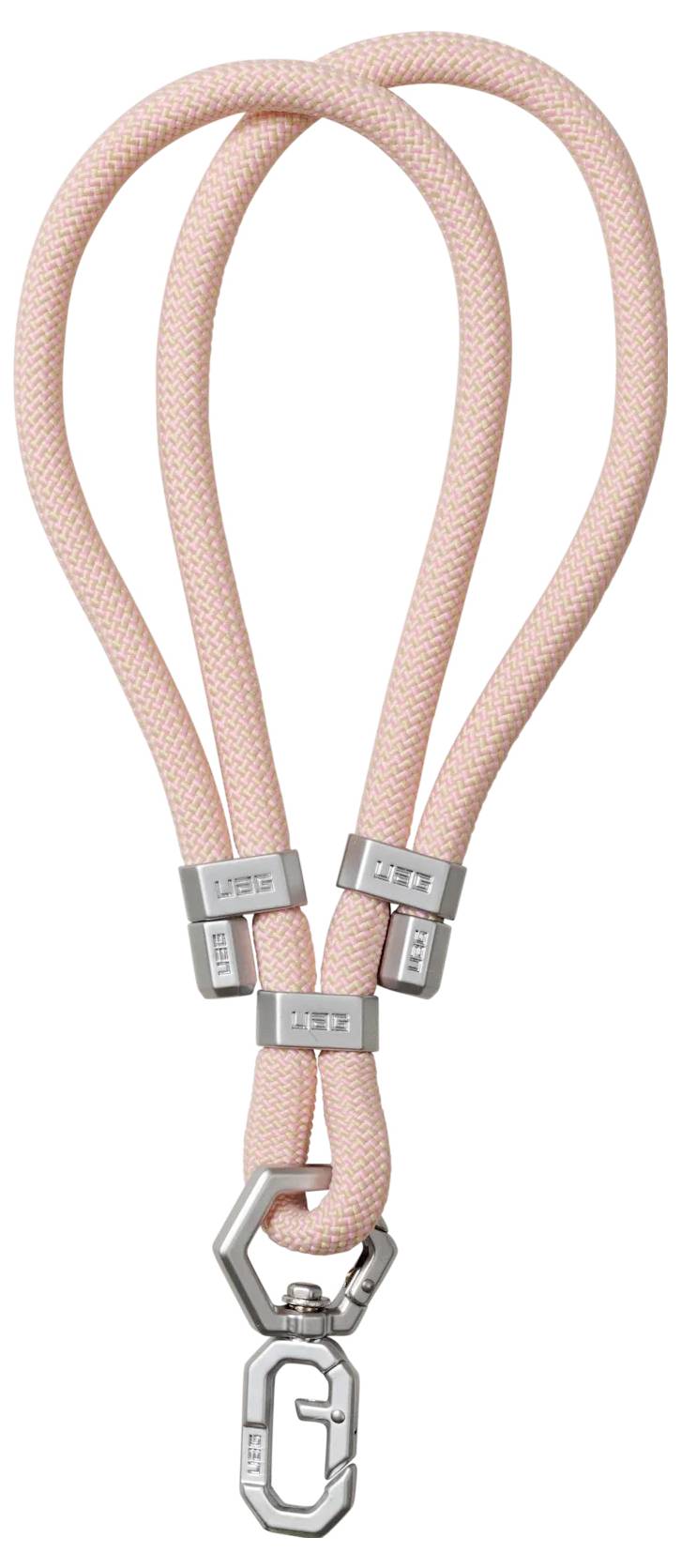 Una collana di corda rosa con ganci metallici e un moschettone argentato in basso, progettata per trattenere piccoli oggetti o accessori in modo sicuro.