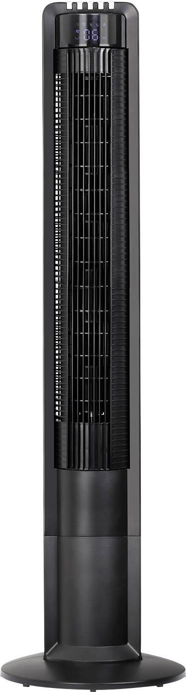 Ventilatore a torre nero alto con display digitale, dotato di lamelle verticali per la circolazione dell'aria.