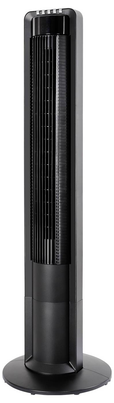 Una ventola a torre alta e nera con un design elegante e lamelle verticali, poggiata su una base circolare.