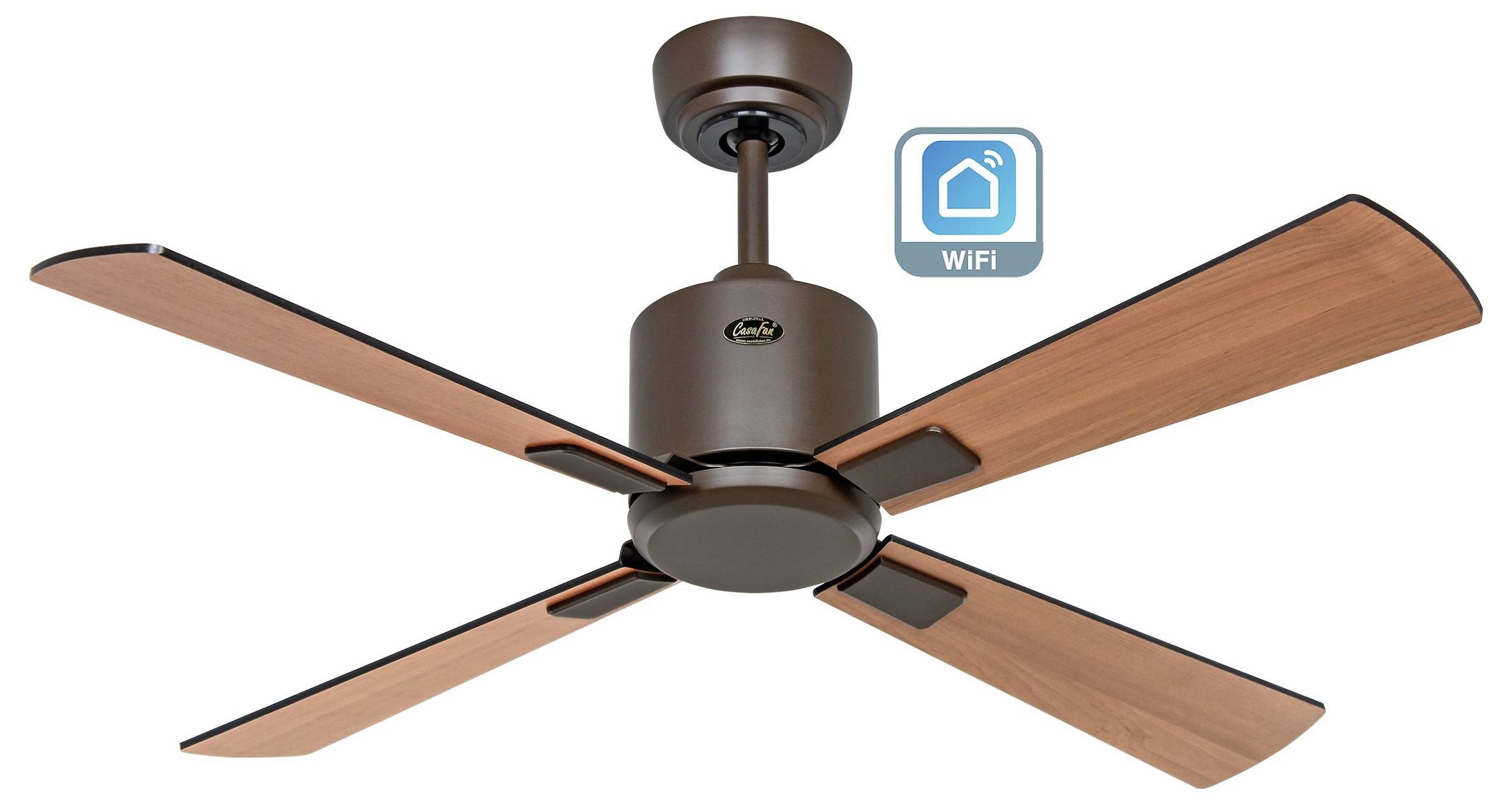 Un ventilatore da soffitto con quattro pale in legno, etichettato 'WiFi' che indica la connettività intelligente.