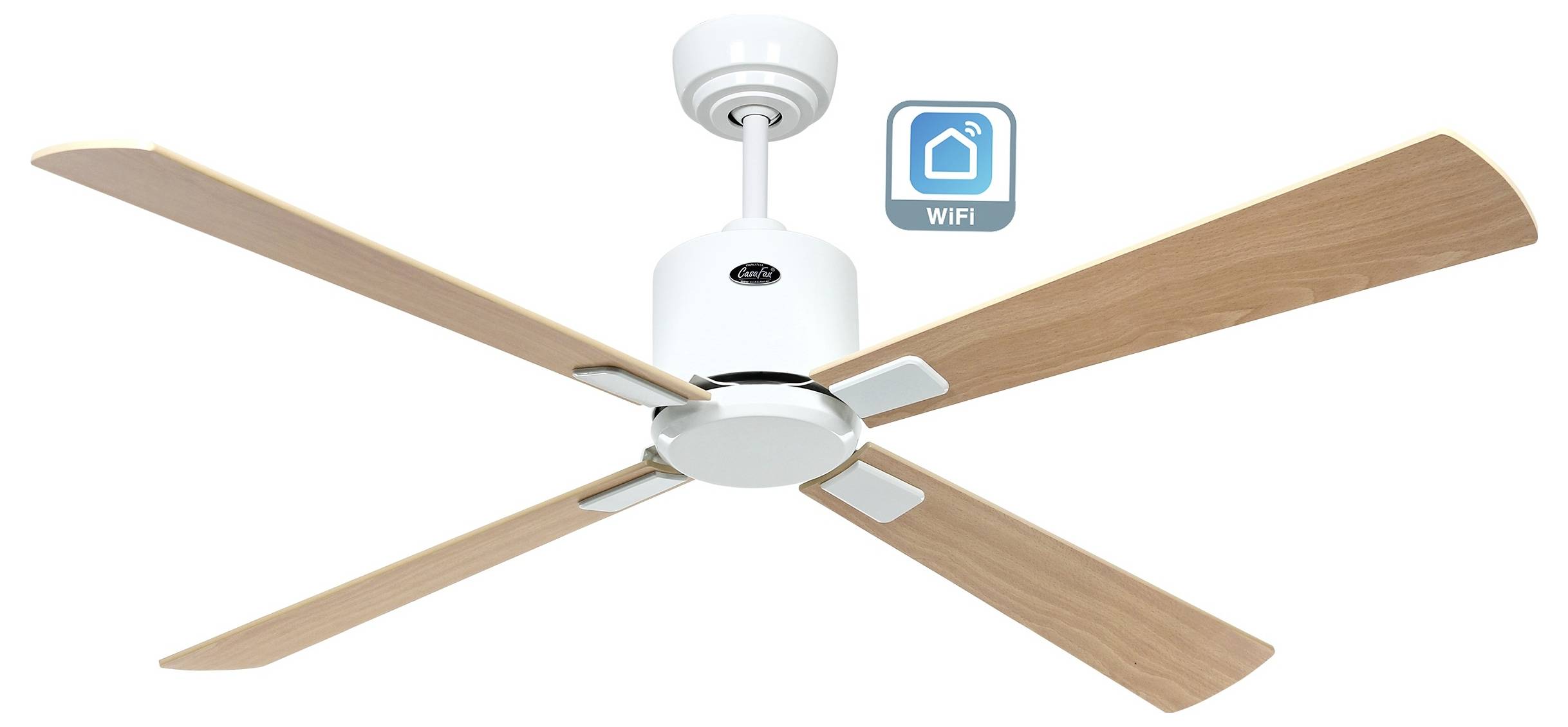 Un ventilatore da soffitto bianco con quattro pale in legno e un simbolo di connettività WiFi, che indica l'integrazione con la casa intelligente.