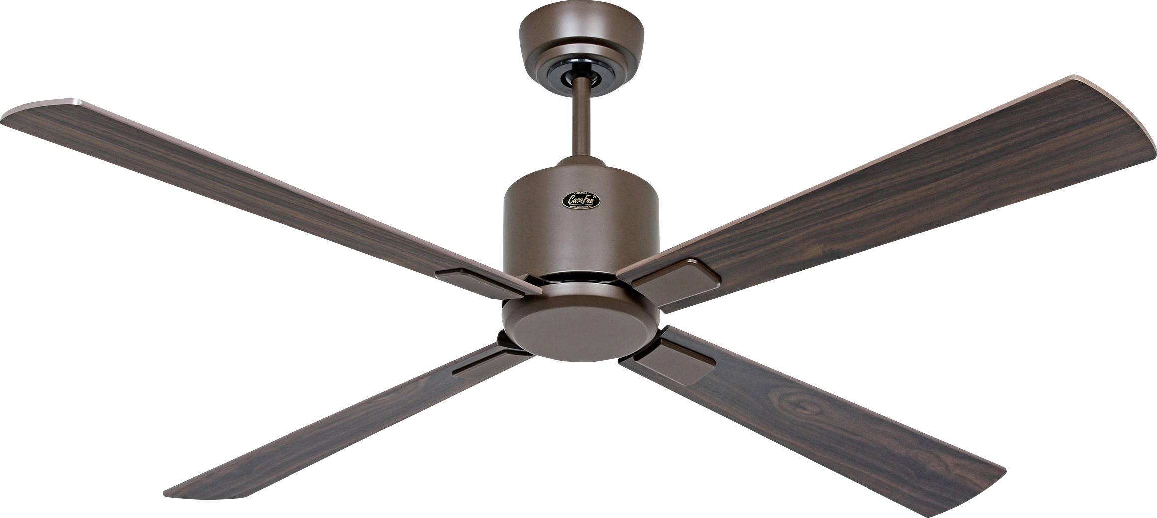 Un ventilatore da soffitto con quattro pale dal motivo in legno scuro e un mozzo motore marrone metallico, progettato per uso interno.