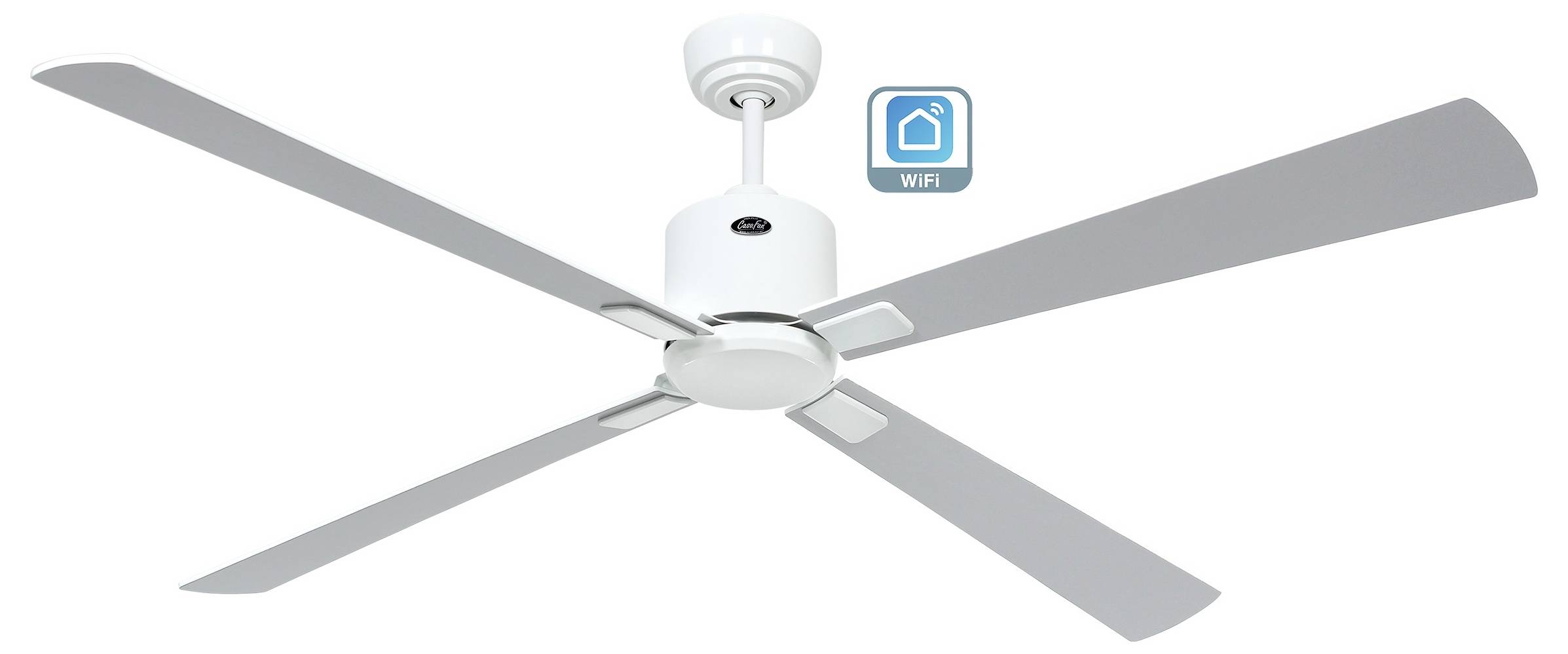 Un ventilatore da soffitto con quattro pale e un'icona di connettività WiFi, che indica la capacità di integrazione domotica.