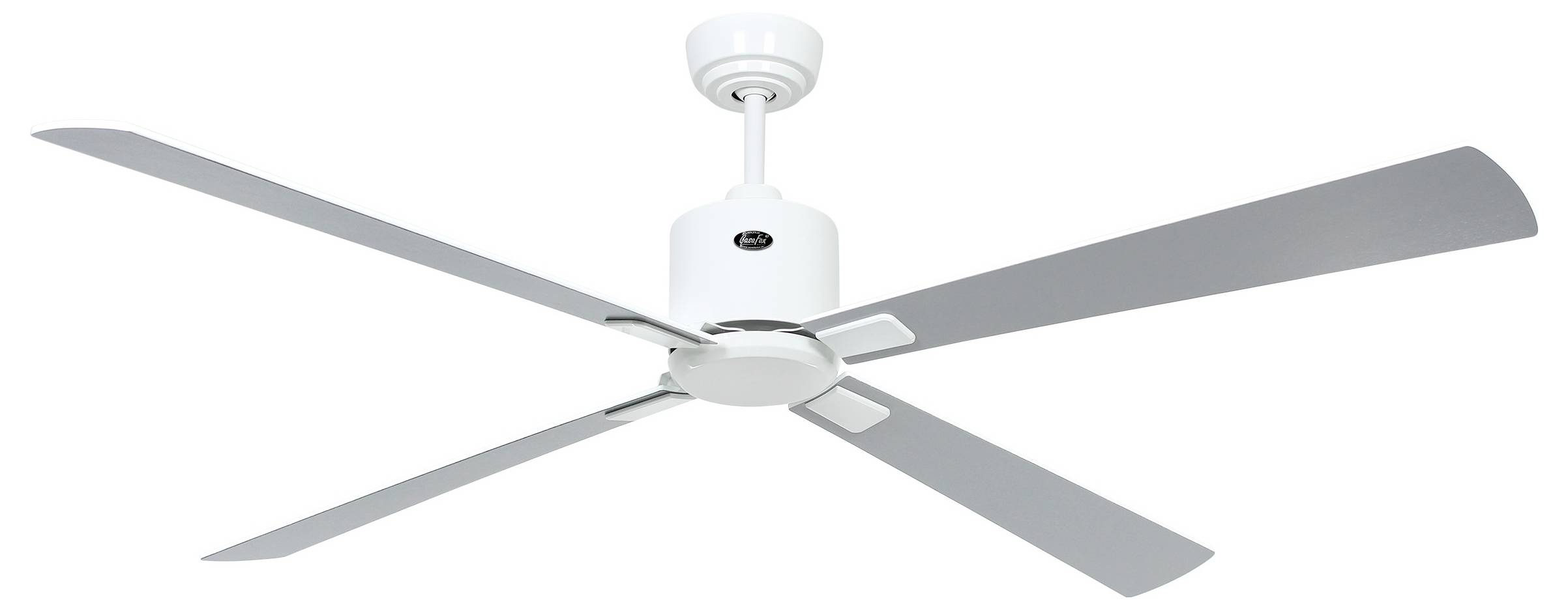 Un ventilatore da soffitto bianco con quattro pale e un alloggiamento motore cilindrico centrale, montato al soffitto.