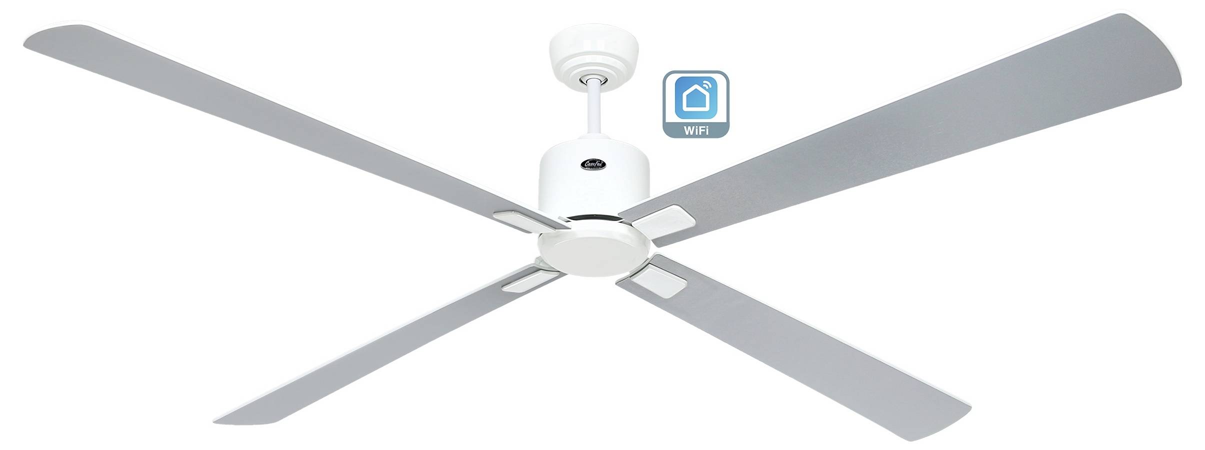 Ventilatore da soffitto con quattro pale grigie e un motore bianco, dotato di un simbolo digitale 'Wi-Fi' che indica la connettività per la casa intelligente.