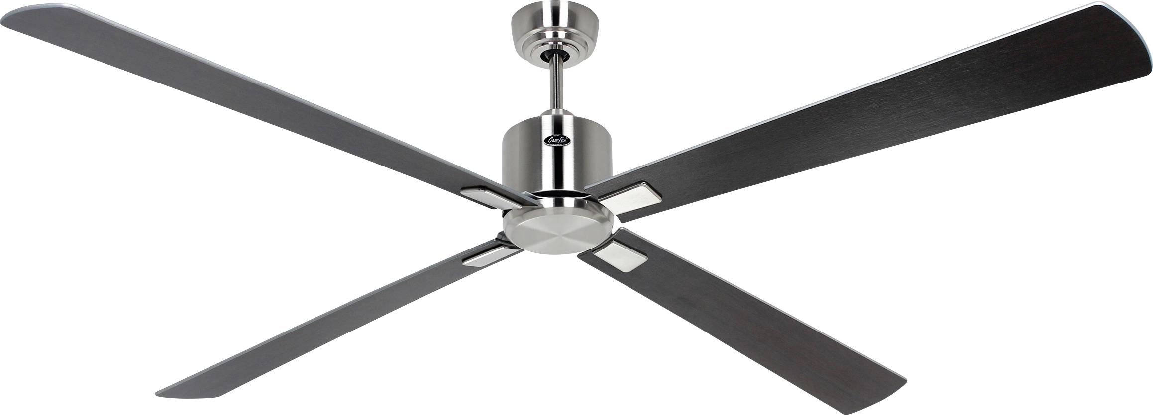 Una ventola da soffitto elegante e moderna con quattro grandi pale scure e un centro metallico, progettata per una circolazione d'aria efficiente in uno spazio contemporaneo.
