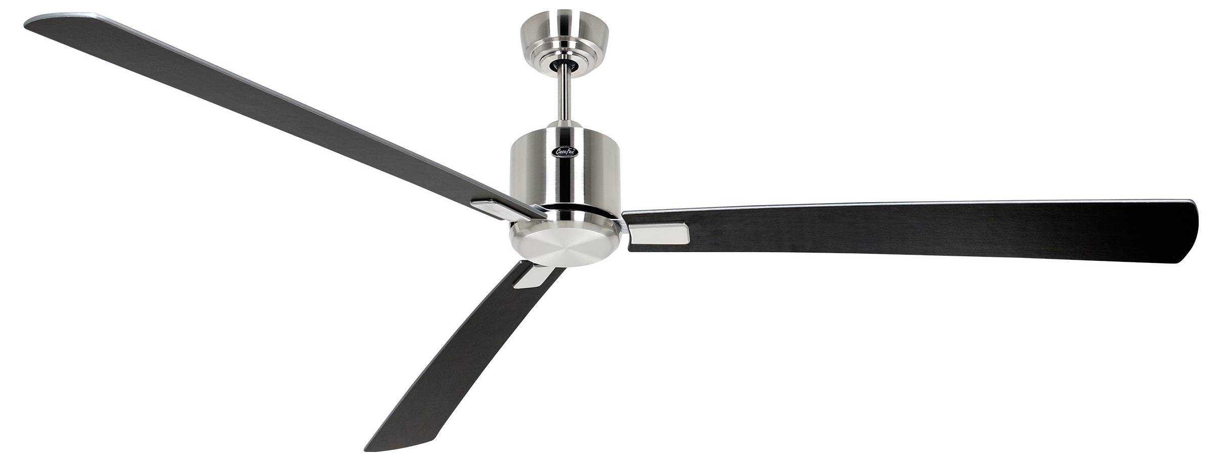 Un ventilatore da soffitto moderno con tre pale eleganti nere e una finitura metallica, progettato per una circolazione d'aria efficiente negli interni contemporanei.