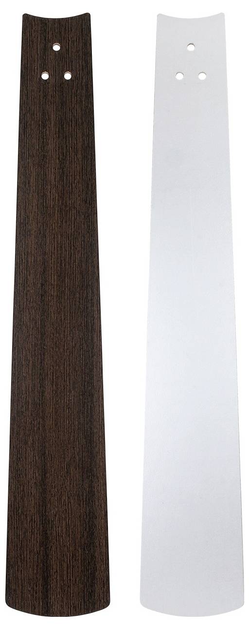 Due pale di ventilatore, una marrone scuro con texture simile al legno e l'altra bianca liscia, entrambe con tre fori nella parte superiore per il fissaggio.