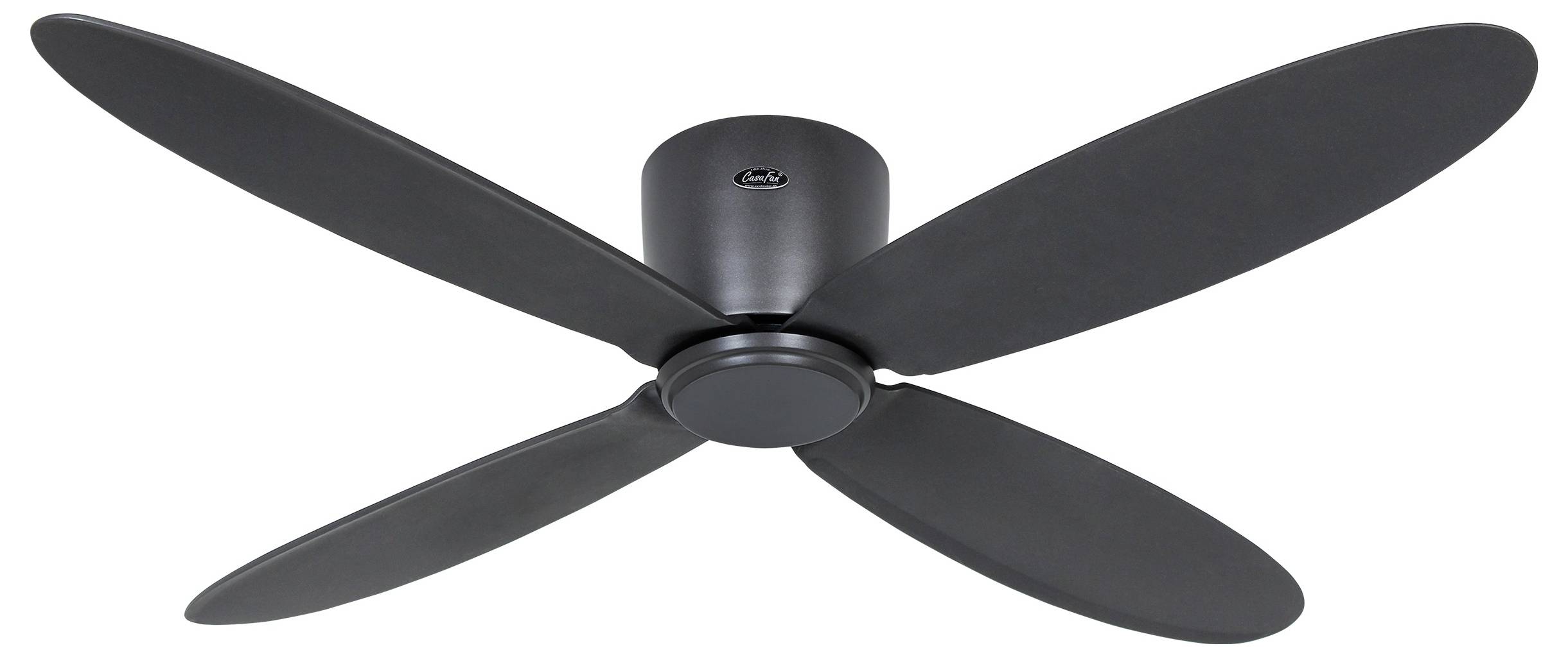 Una ventola da soffitto elegante e moderna con quattro pale nere e un alloggiamento motore cilindrico semplice, progettata per una circolazione d'aria efficiente.