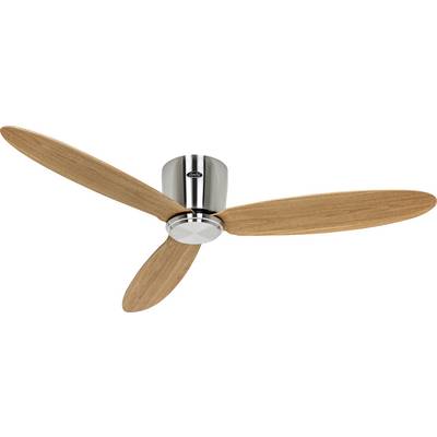 Un ventilatore da soffitto con tre pale in legno e un alloggiamento del motore metallico, progettato per interni domestici moderni.