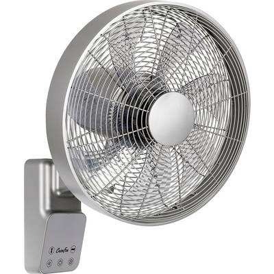 Ventilatore oscillante da parete con griglia metallica e pannello di controllo grigio dotato di tre pulsanti circolari.