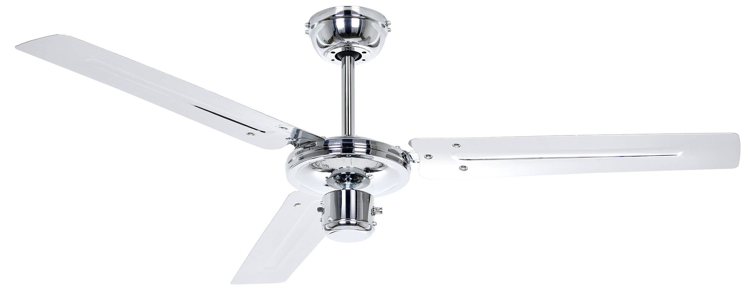 Un ventilatore da soffitto argentato con tre pale posizionate orizzontalmente, visto dal basso.