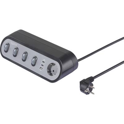 Una ciabatta nera con quattro interruttori individuali, una presa elettrica, due porte USB e una spina.