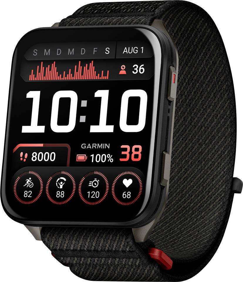 Smartwatch con cinturino nero che mostra '10:10', 8.000 passi, batteria al 100%, data 1 agosto, e frequenza cardiaca 36 BPM.