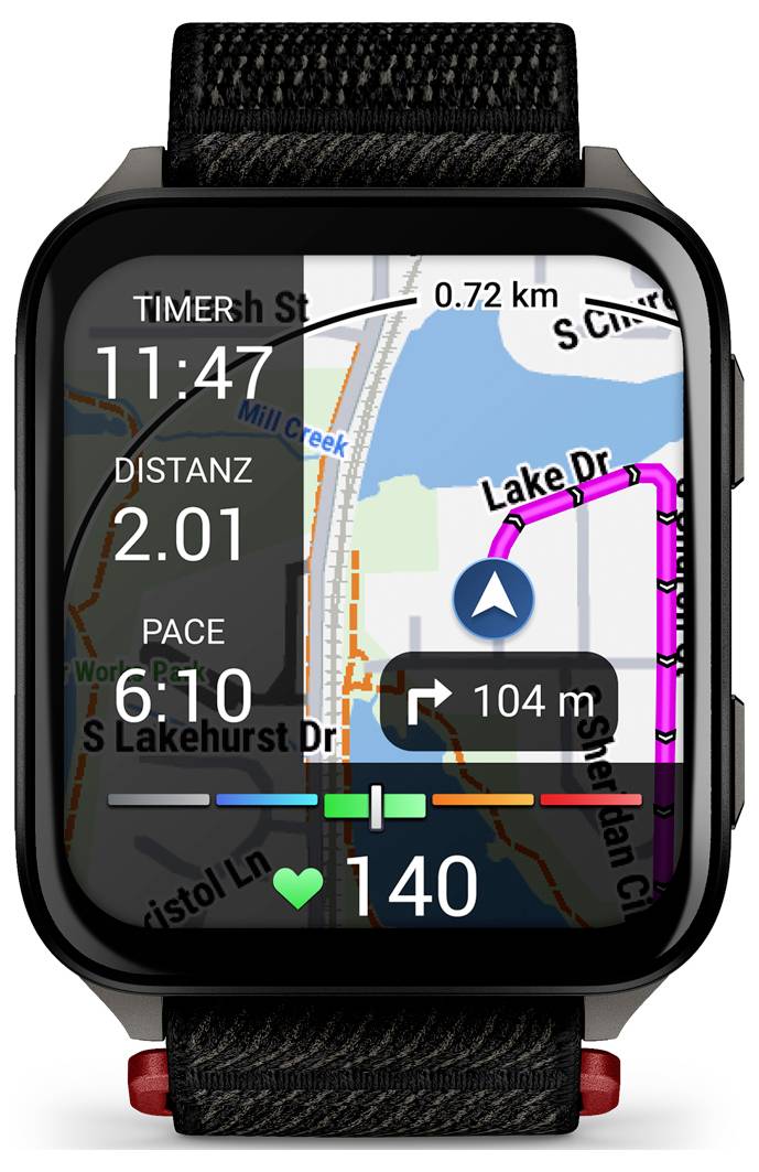Schermo di uno smartwatch che mostra un'app di corsa con mappa del percorso, distanza di 2,01 km, ritmo di 6:10 min/km, frequenza cardiaca di 140 bpm e freccia di navigazione.