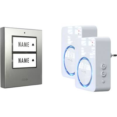 Un sistema di campanello wireless con piastrina doppia e due suonerie a spina con indicatori LED, progettato per abitazioni con più occupanti.