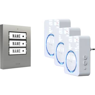 'Il set include una targhetta per campanello in metallo con tre slot personalizzabili e tre unità di suoneria plug-in bianche con luci LED blu.'