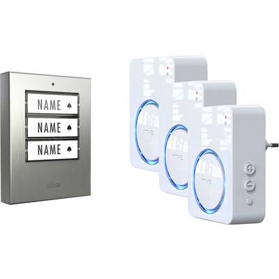 Sistema di campanelli con tre targhe nominative personalizzabili sulla sinistra e tre unità di suoneria a innesto con luci LED blu sulla destra.