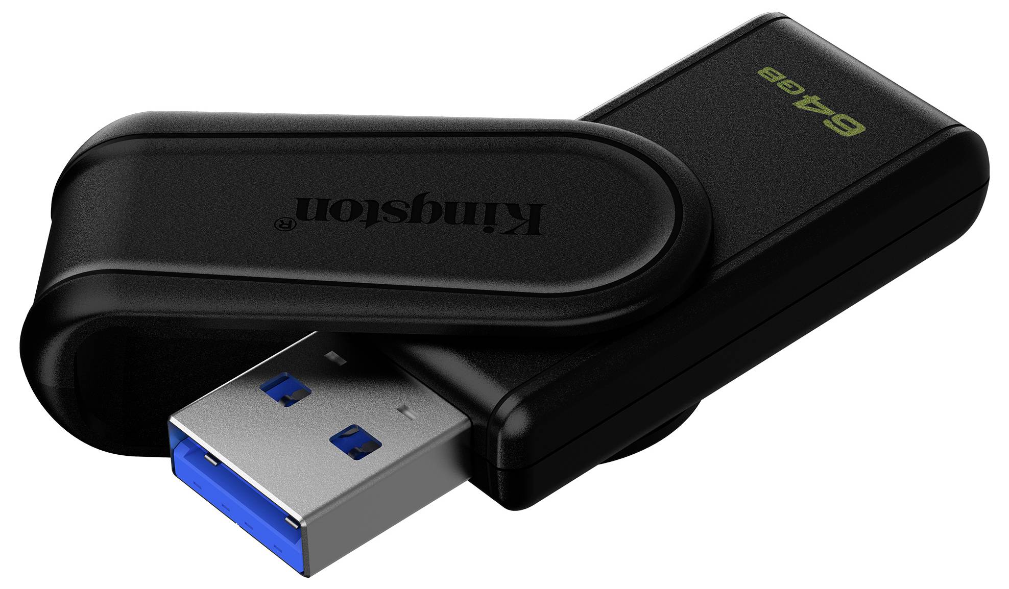 Una chiavetta USB nera, parzialmente aperta, che mostra il connettore USB blu. Il testo '64GB' è visibile sulla superficie superiore.