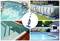 Collage di piscine: bambini che giocano in una piscina rotonda, una piscina fuori terra, scale di piscina, e un aspirapolvere vicino a una piscina ovale con mobili da patio.