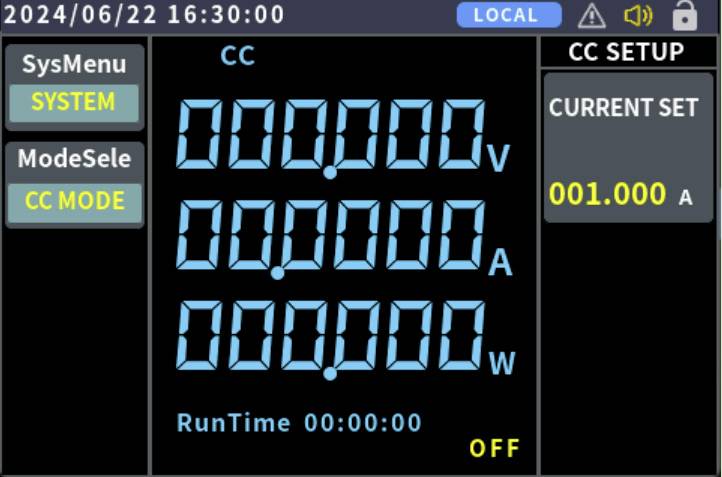 Nella schermata 'CC SETUP' viene visualizzato 'CURRENT SET' come '001.000 A'. Altre metriche mostrano valori '0' per tensione, corrente e potenza. 'RunTime' è '00:00:00'.