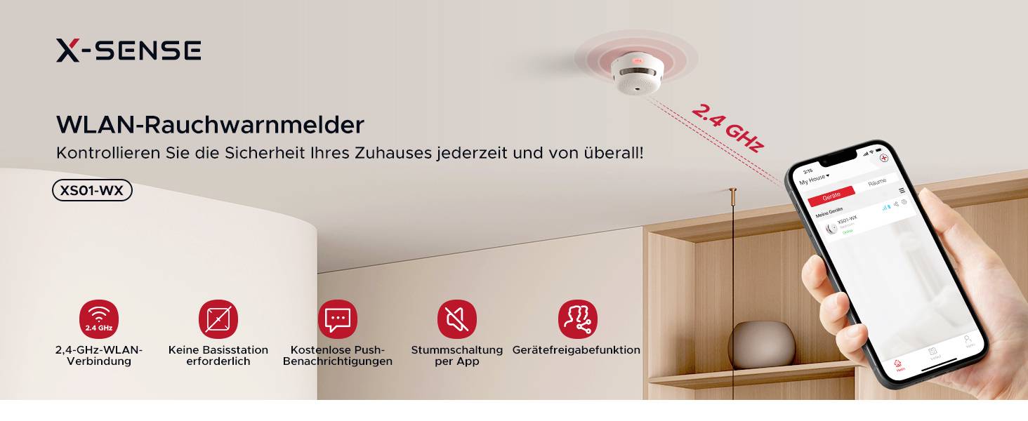 Rilevatore di fumo WLAN sul soffitto, mostra connessione a 2,4 GHz, monitorato tramite app per smartphone. Sicurezza in ogni momento e ovunque.