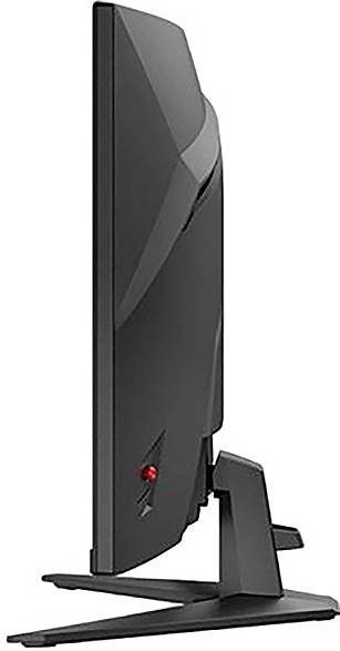 Una vista laterale di un monitor per computer sottile, moderno, con un design elegante e un supporto angolare, che evidenzia il suo profilo snello e lo stile minimalistico.