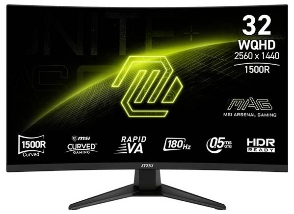 Monitor da gaming curvo con schermo '32 WQHD 2560 x 1440 1500R', dotato di tecnologia Rapid VA, refresh rate di 180 Hz e HDR Ready.
