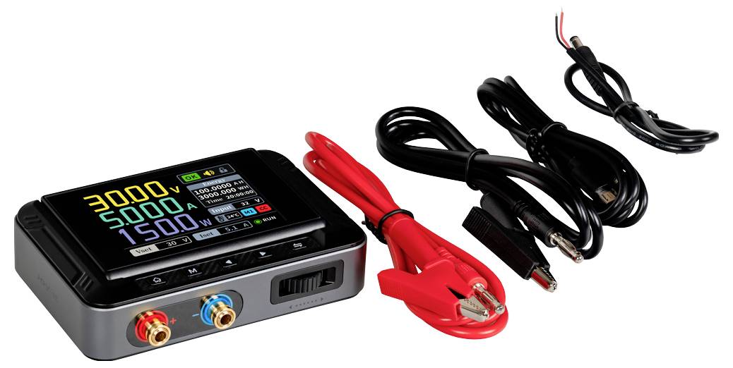 'Un alimentatore digitale che visualizza 30V, 5A e 150W con due set di cavi, inclusi i morsetti a coccodrillo rossi e neri, su uno sfondo bianco.'