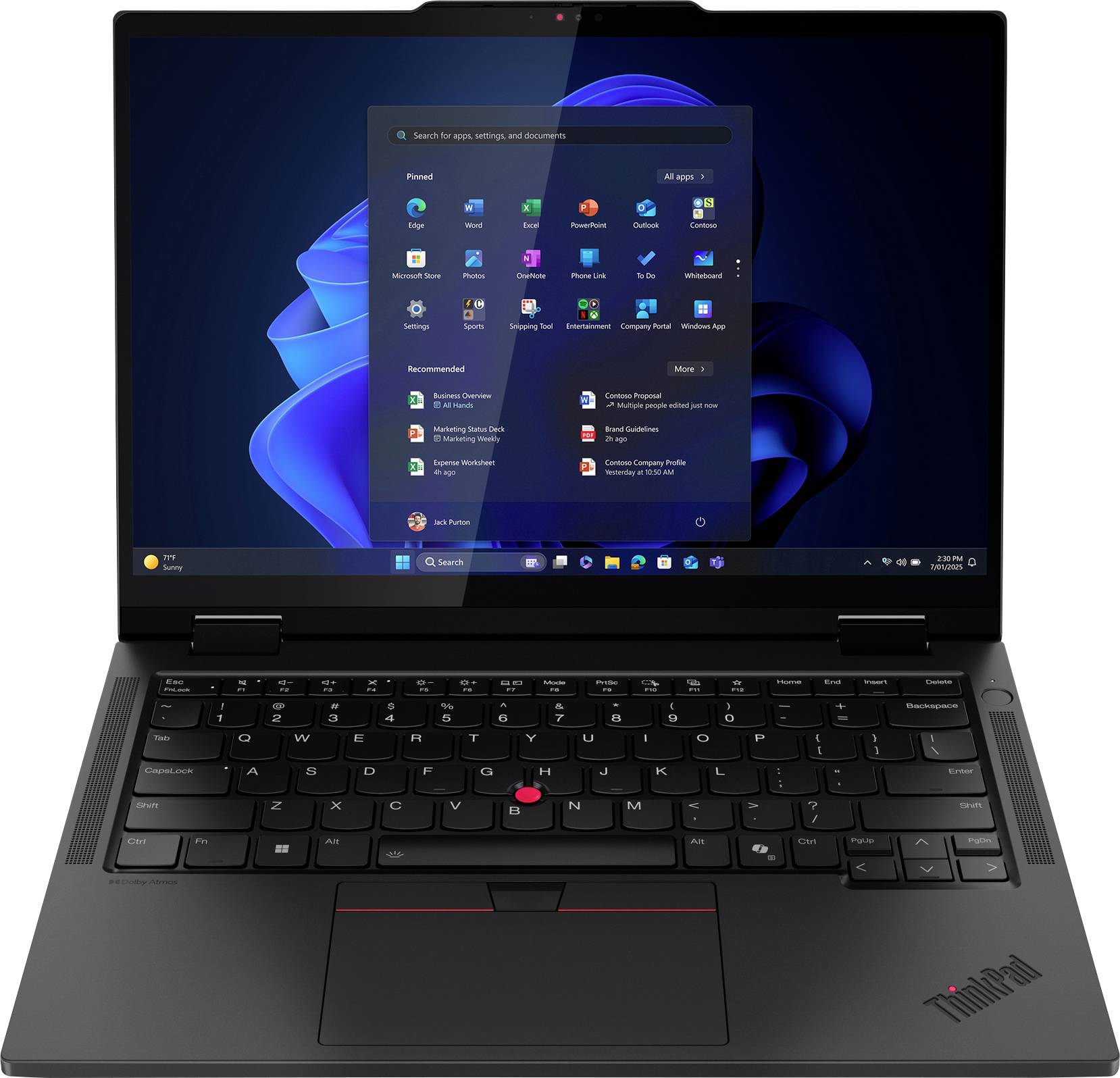 Laptop aperto che mostra un desktop Windows con icone e applicazioni sullo schermo. Un TrackPoint rosso è visibile sulla tastiera.