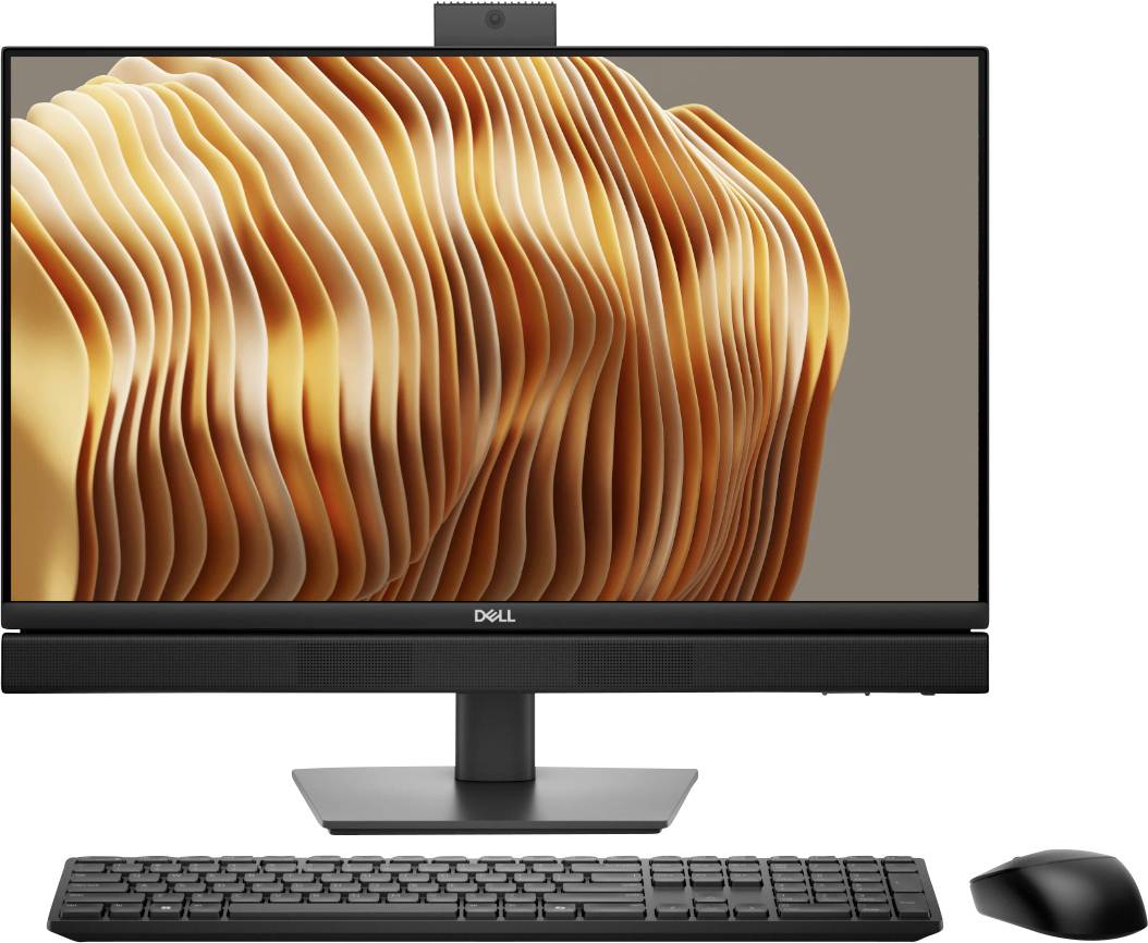 Un computer desktop con un monitor che mostra un'immagine di arte digitale con forme arancioni stratificate e ondulate. Include una tastiera e un mouse.