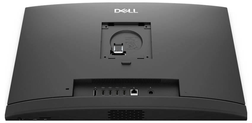 Un monitor nero Dell visto dal retro, che mostra le porte tra cui USB ed Ethernet sotto un'area dello stand mancante.