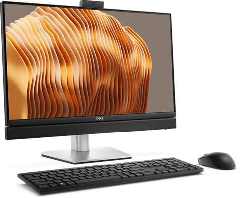Un computer desktop che mostra onde astratte dorate sullo schermo, con una tastiera e un mouse posizionati davanti.