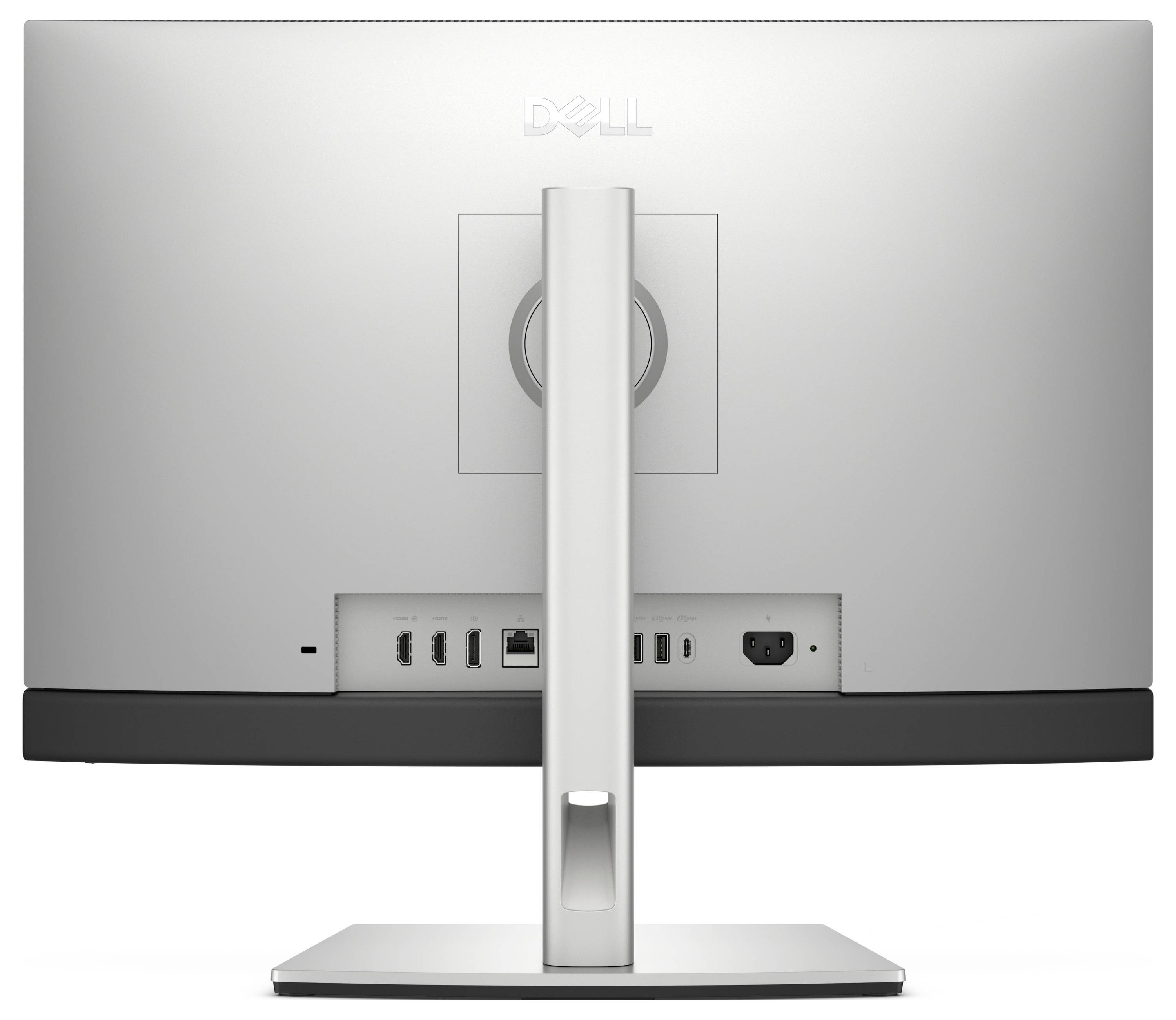 Vista posteriore di un monitor Dell che mostra le porte, inclusi USB, Ethernet e connessione di alimentazione sul supporto.