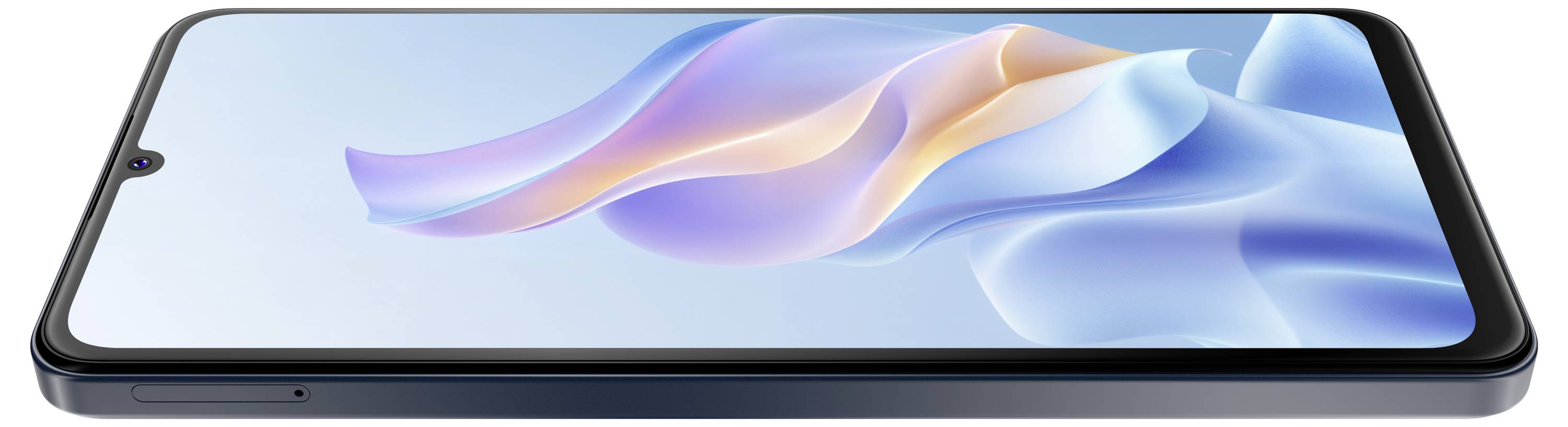 Uno smartphone giace piatto con uno sfondo astratto e vivace che mostra colori fluenti sul suo schermo, sullo sfondo di un gradiente blu.