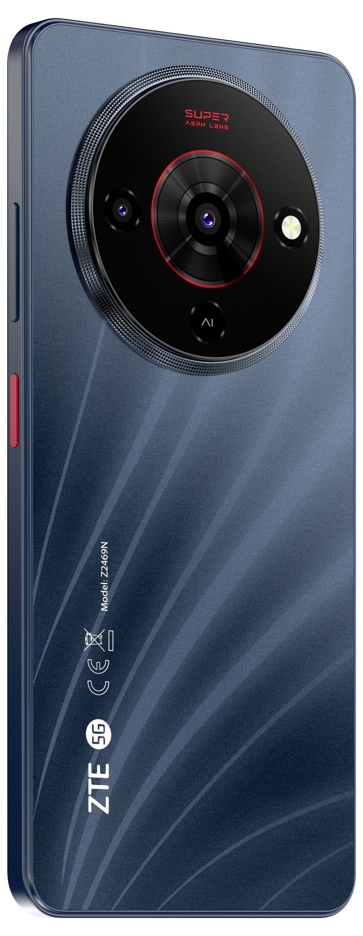 Un smartphone con un grande modulo fotocamera circolare, etichettato 'Super Camera'. Il dispositivo è blu con un logo ZTE 5G.