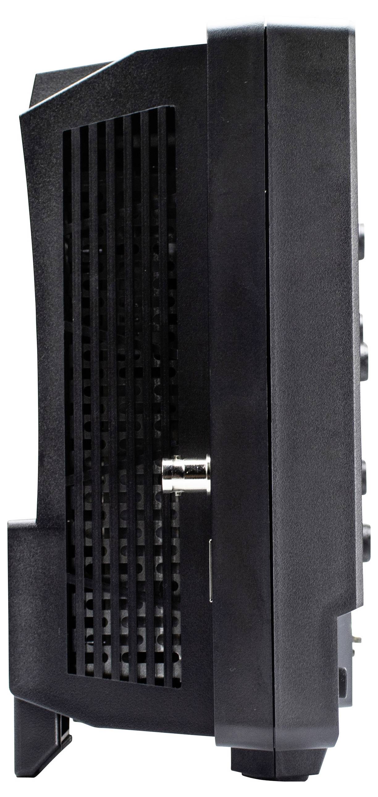 Un dispositivo elettronico nero è in posizione verticale, con feritoie laterali e connessioni di porte su un design elegante e moderno che ricorda un modem o un'apparecchiatura simile.