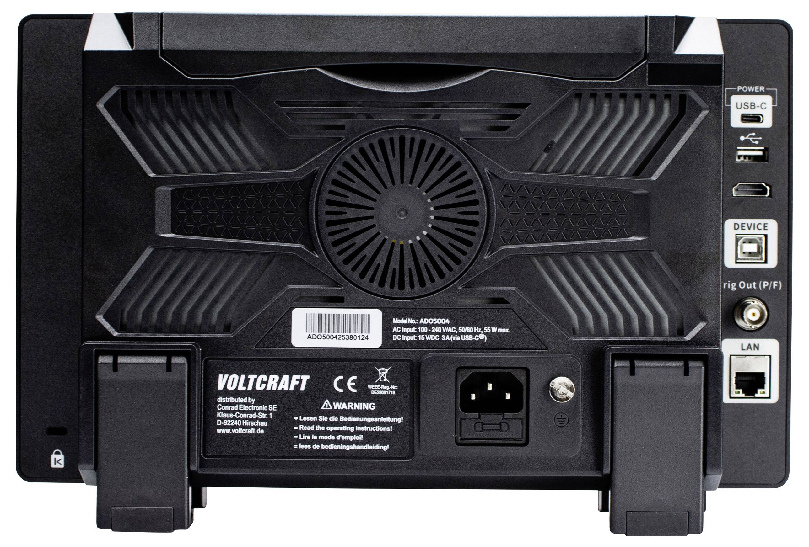 Parte posteriore di un dispositivo con porta di alimentazione, porte USB-C e LAN etichettate. Include dettagli di ventilazione e informazioni sul marchio.