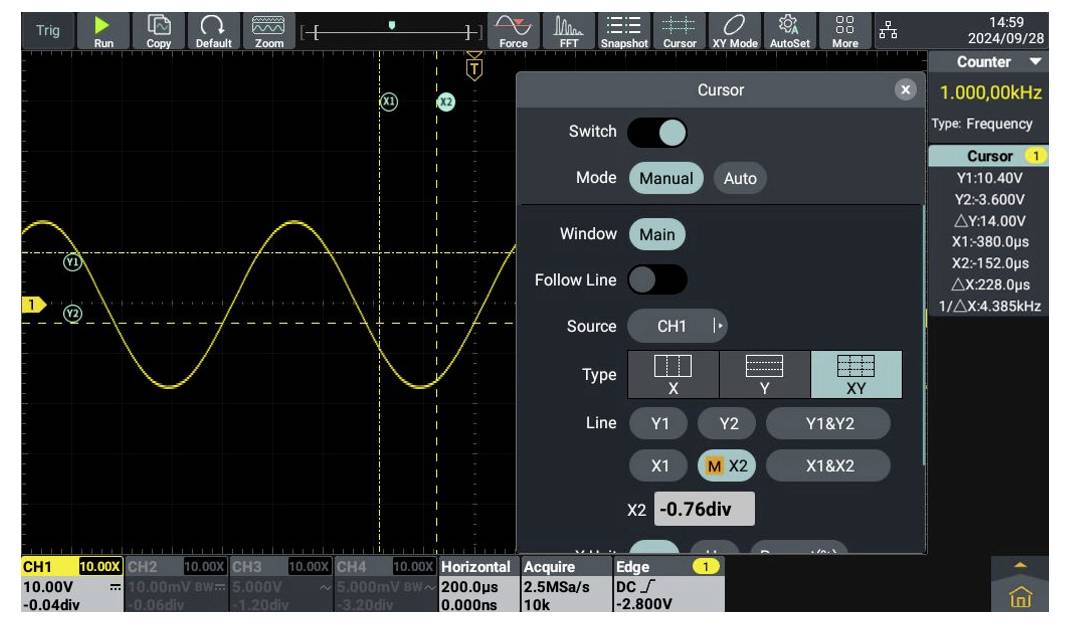 Uno schermo dell'oscilloscopio visualizza un'onda in giallo. Un pannello delle impostazioni mostra i dettagli del cursore: frequenza impostata a 1.000 kHz, con opzioni variabili.