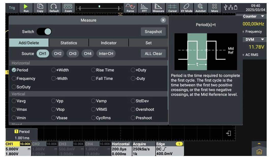 Pannello delle impostazioni 'Misura' su un display di uno strumento elettronico. Le opzioni includono 'Aggiungi/Elimina', 'Periodo', 'Larghezza' e altro. Il contatore mostra '000,00 kHz'.