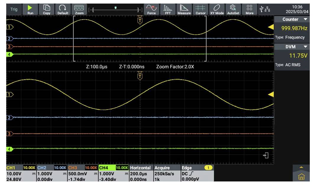 'Schermo dell'oscilloscopio che mostra due onde sinusoidali con etichette CH3 e CH4. CH3 oscilla intorno a 10,00V di picco. Frequenza è 999,987Hz.'