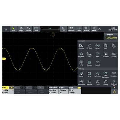 Un oscilloscopio che mostra un'onda sinusoidale singola con un contatore che indica '1.000.000 Hz'. Il pannello di controllo presenta opzioni come 'Misura', 'Cursore' e 'Contatore'.