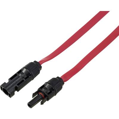 Un paio di cavi elettrici rossi con connettori neri, probabilmente utilizzati per pannelli solari o attrezzature simili.